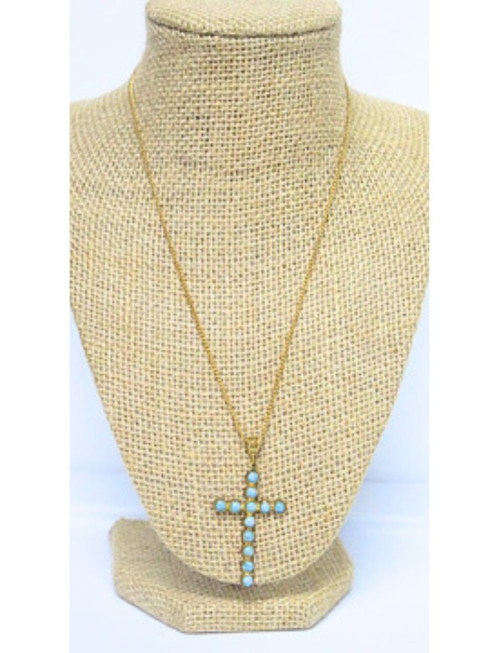 Vintage Estate Gold Tone Turquoise Cross Pendant Necklace Religious Jewelry